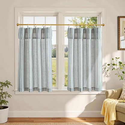 jinchan Striped Linen Kitchen Curtains with Attached Valance 36 Inch Length Cafe Tier Curtains for Living Room Rustic Half Window Light Filtering Rod Pocket Small Drapes 2 Panels Blue