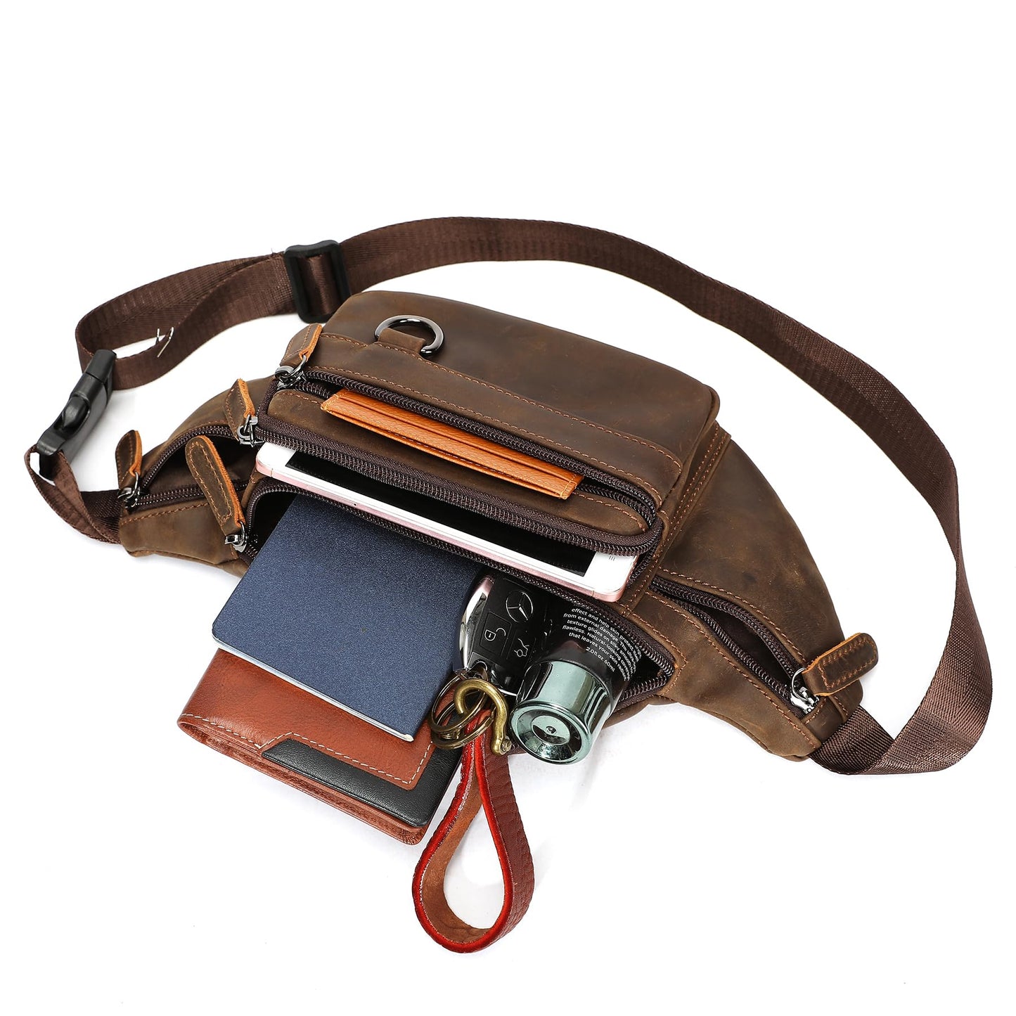 Genuine Leather Fanny Pack HandMade Durable cowhide Waist Bag Lots of Anti-theft zipper pocket Brown