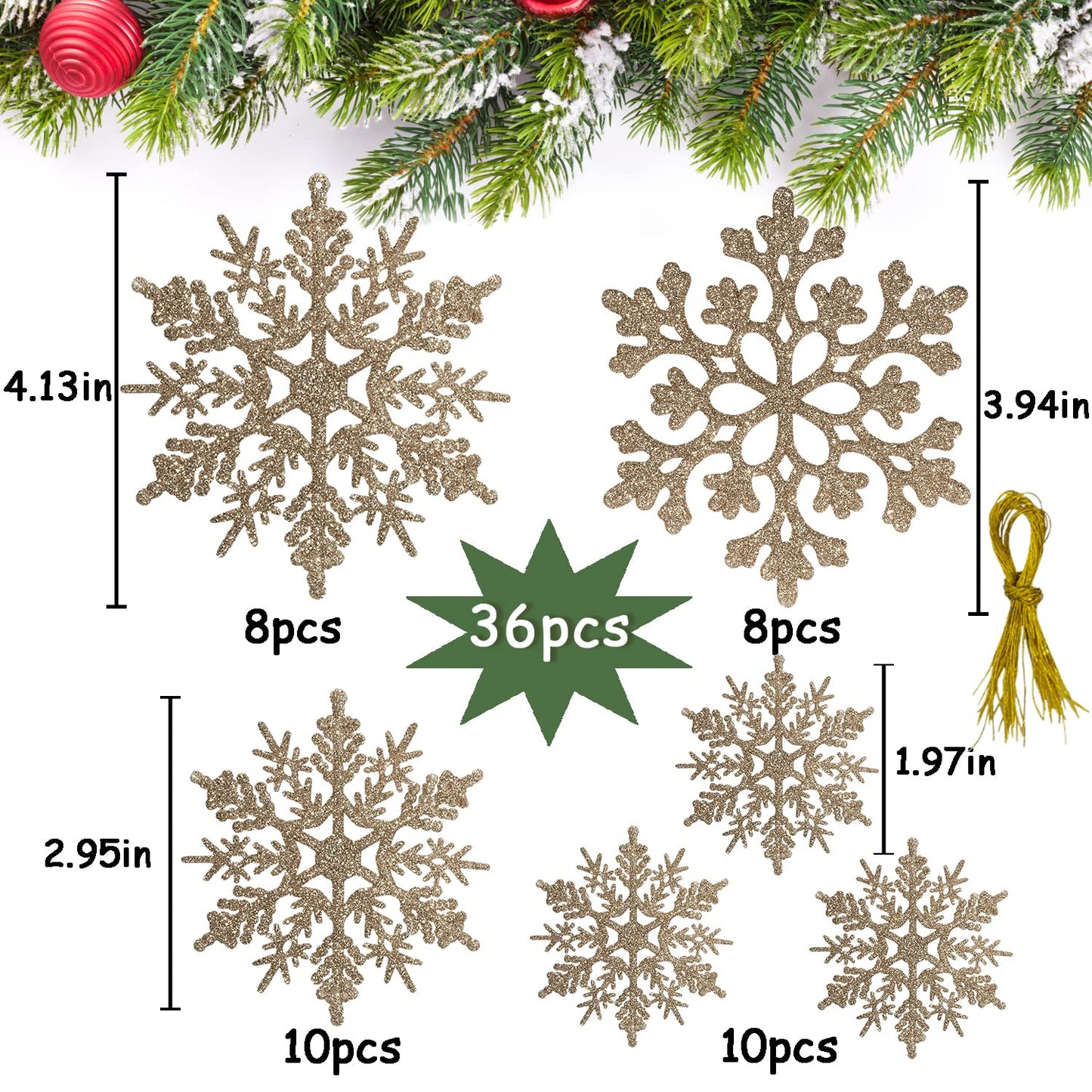 36pcs Christmas Champagne Gold Snowflake Ornaments Plastic Glitter Snow Flakes Ornaments for Winter Christmas Tree Decorations Size Varies Craft Snowflakes
