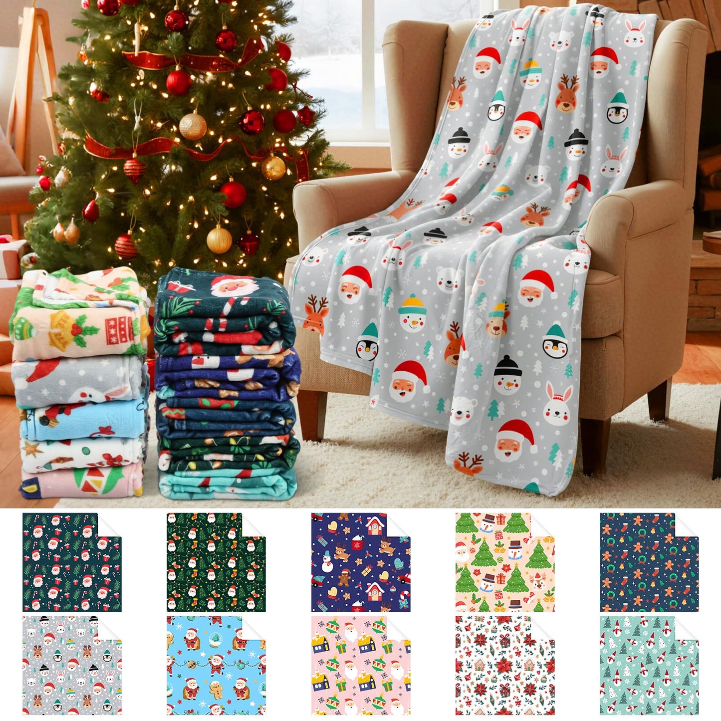 Gilprop 10 Pcs Christmas Throw Blanket, 51" x 39" Plush Fleece Holiday Blankets with Santa, Snowman, Reindeer Patterns for Sofa, Bed, Dorm, Xmas Party, Winter Decor and Gift