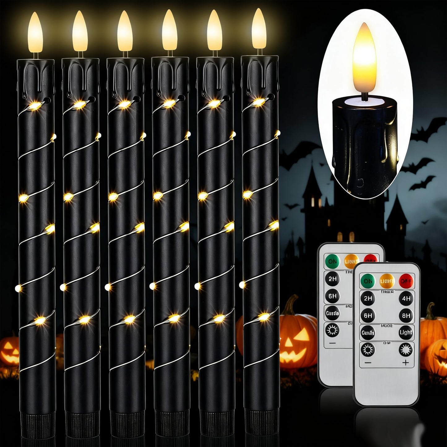 Flameless LED Taper Candles Flickering with Remote & Timer for Halloween Decorations，Battery Operated Candles, Arounded with Starlight String, Party & Home Decoration, Pack of 6,Black