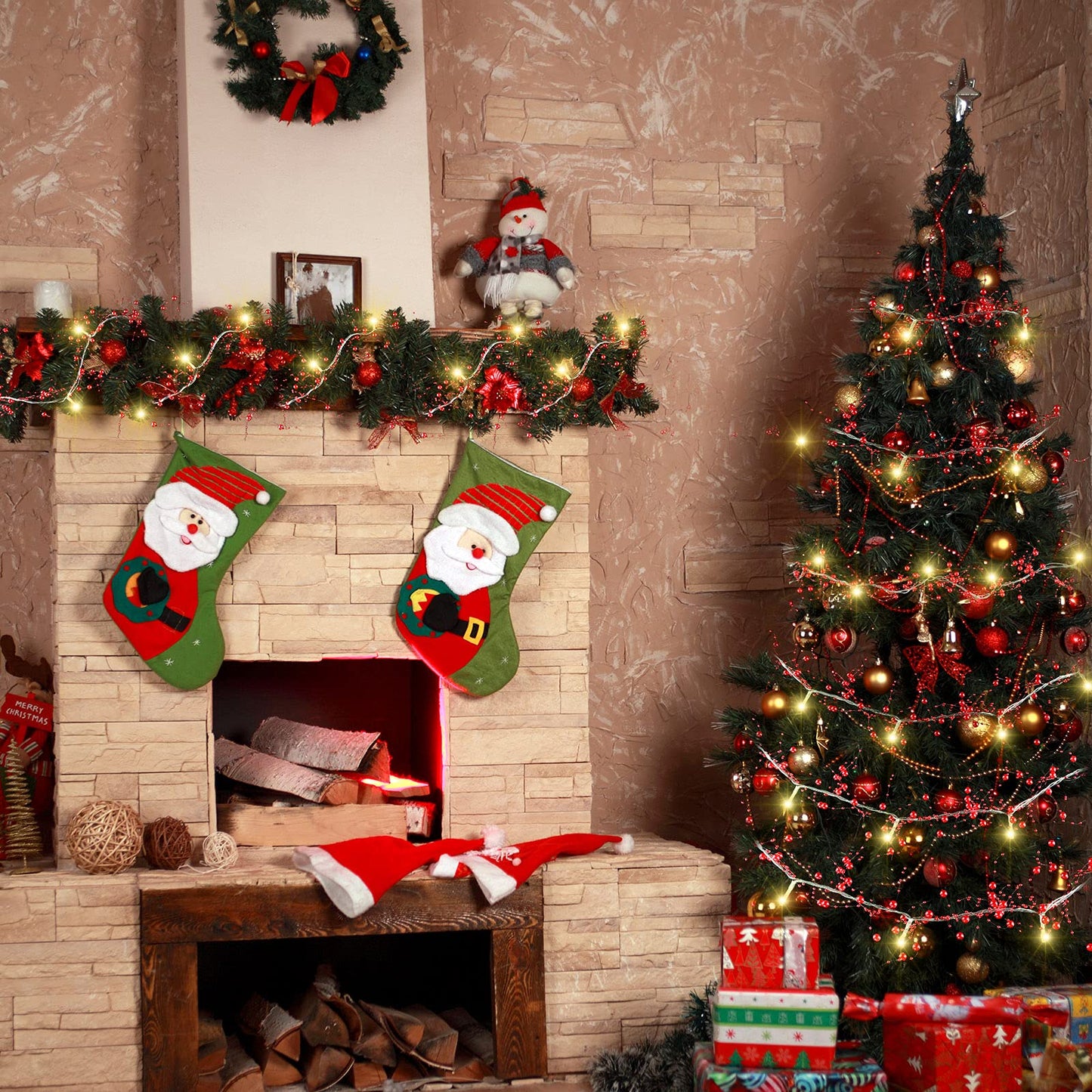 Honoson 33 Feet Christmas Berry Beaded Garland String Light Mantel Garland Christmas Fireplace Decorations, Glitter LED Bead for Fireplace Indoor Outdoor Decor(Red)