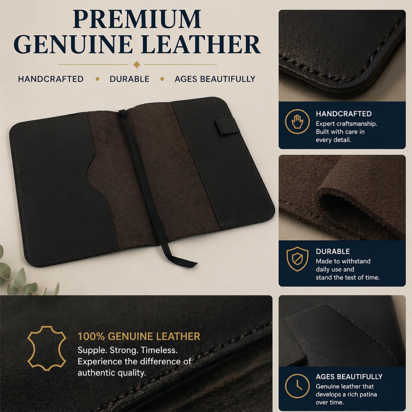 TheAntiq Premium Leather Journal Cover A5 – Handmade Refillable Notebook Cover Sleeve with Pen Holder for Writing, Travel & Business Use 5.75 x 8.25 (Black)