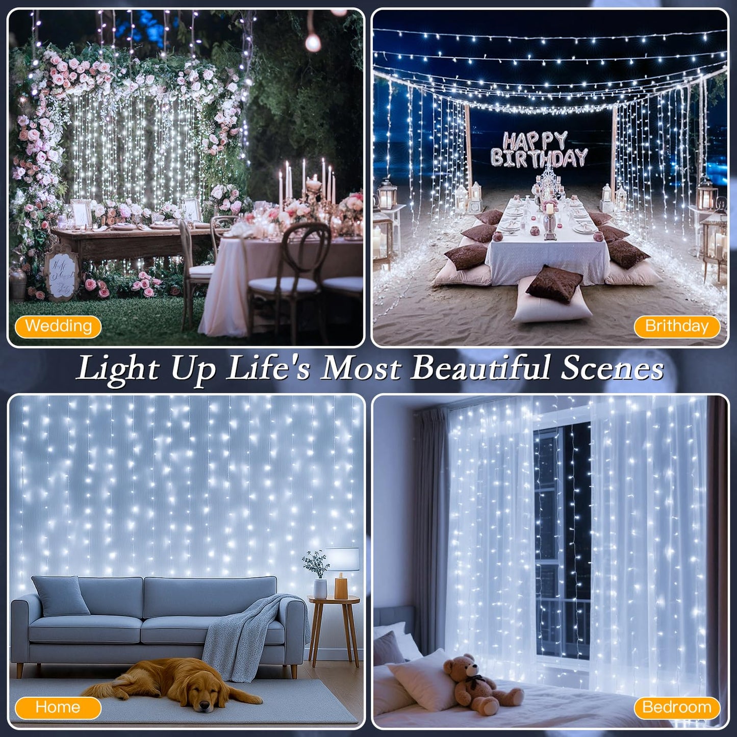 Soagrc 300 LED Cool White Curtain String Lights 9.8x9.8FT Plug in Fairy Lights with 9 Hooks Dimmable Timer & 8 Modes IP44 Waterproof Bedroom Office Wall Wedding Backdrop Christmas Indoor Outdoor Decor