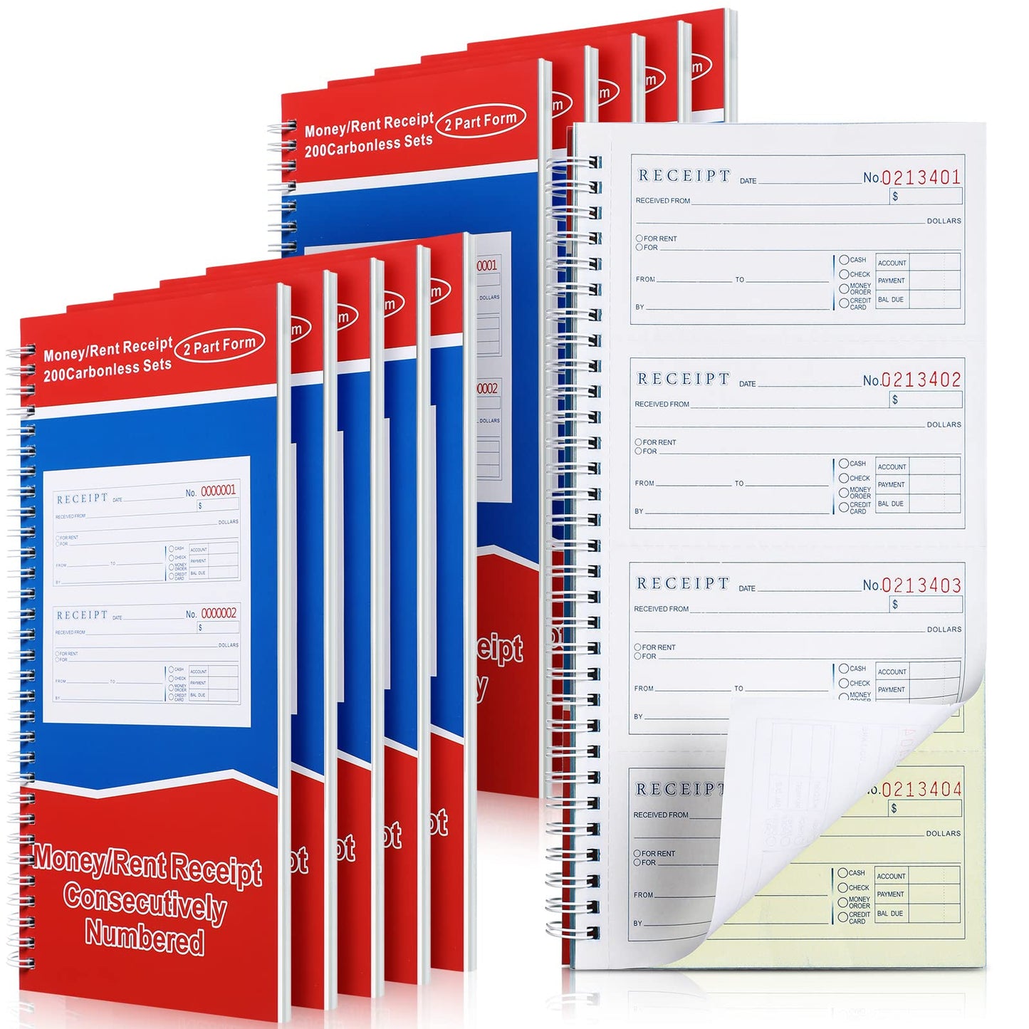 Crtiin 10 Pcs 5-1/4" x 11" Books Money and Rent Receipt Book 2 Part Carbonless Receipt Book with Carbonless Copies Spiral Bound Cover Receipt Log Book 200 Sets Per Book 4 Receipts Per Page