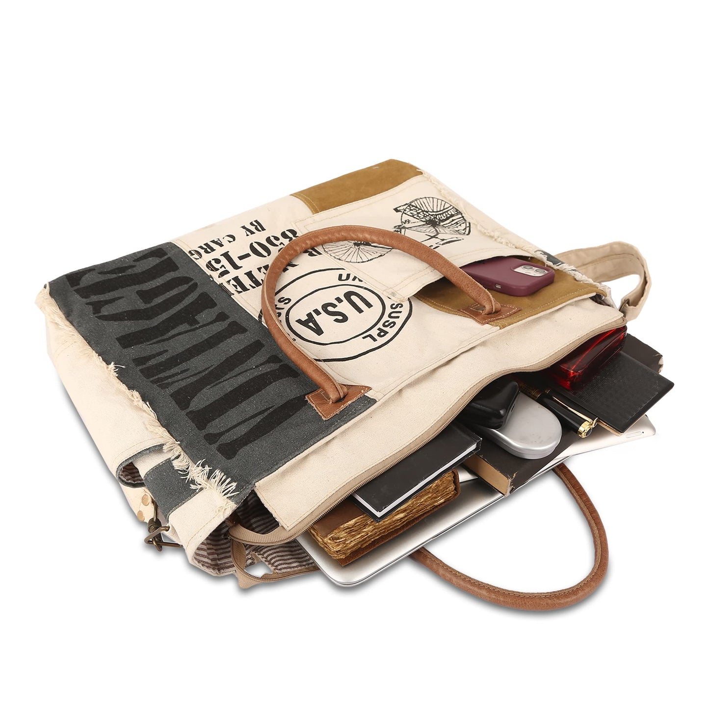 Sel De Mer Upcycled Canvas and leather Hand Bag Cowhide Tote Bag shopping bag carry on leather bag (White)