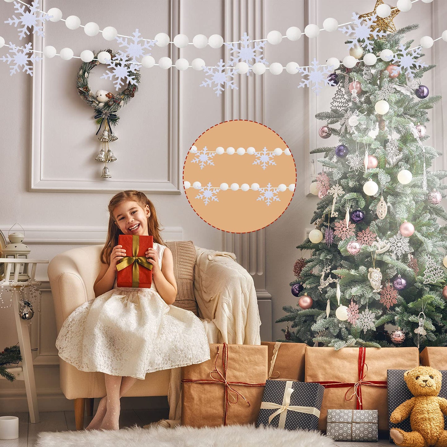 Tegeme 2 Pcs 13.2ft White Felt Pom Pom Garland Christmas Tree Decorations Cute Winter Snowball Snowflake Ornaments Hanging String Pompom Snowball Beads Xmas Holiday Birthday Party Banners