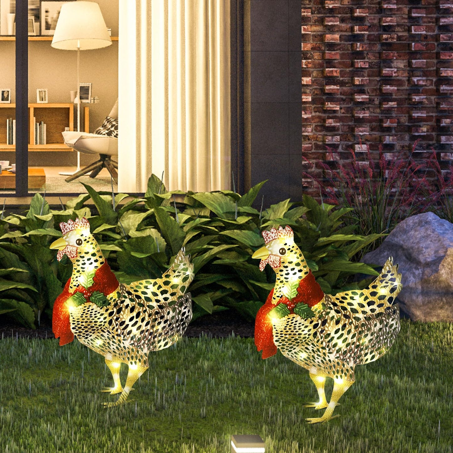 Shellwei 2 Pcs Light up Chicken with Scarf Christmas Decoration Metal Chicken Ornaments with 60 LED Lights Christmas Rooster with Stakes for Xmas Yard Garden Patio Lawn Outdoor Decor