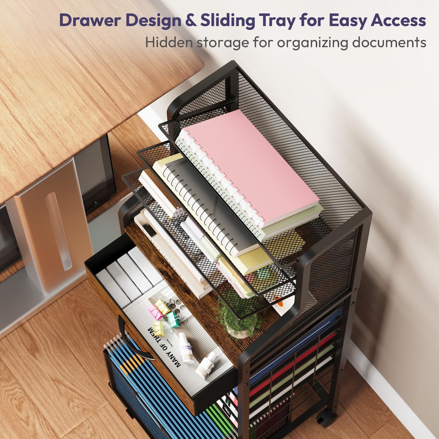SWTYMIKI 10-Tier Rolling File Cart - Mesh Paper Organizer with Drawer & Hanging File Folders on Lockable Wheels, Rolling File Cabinet for Office Organization, Storage in Home, Studio, School, Espresso