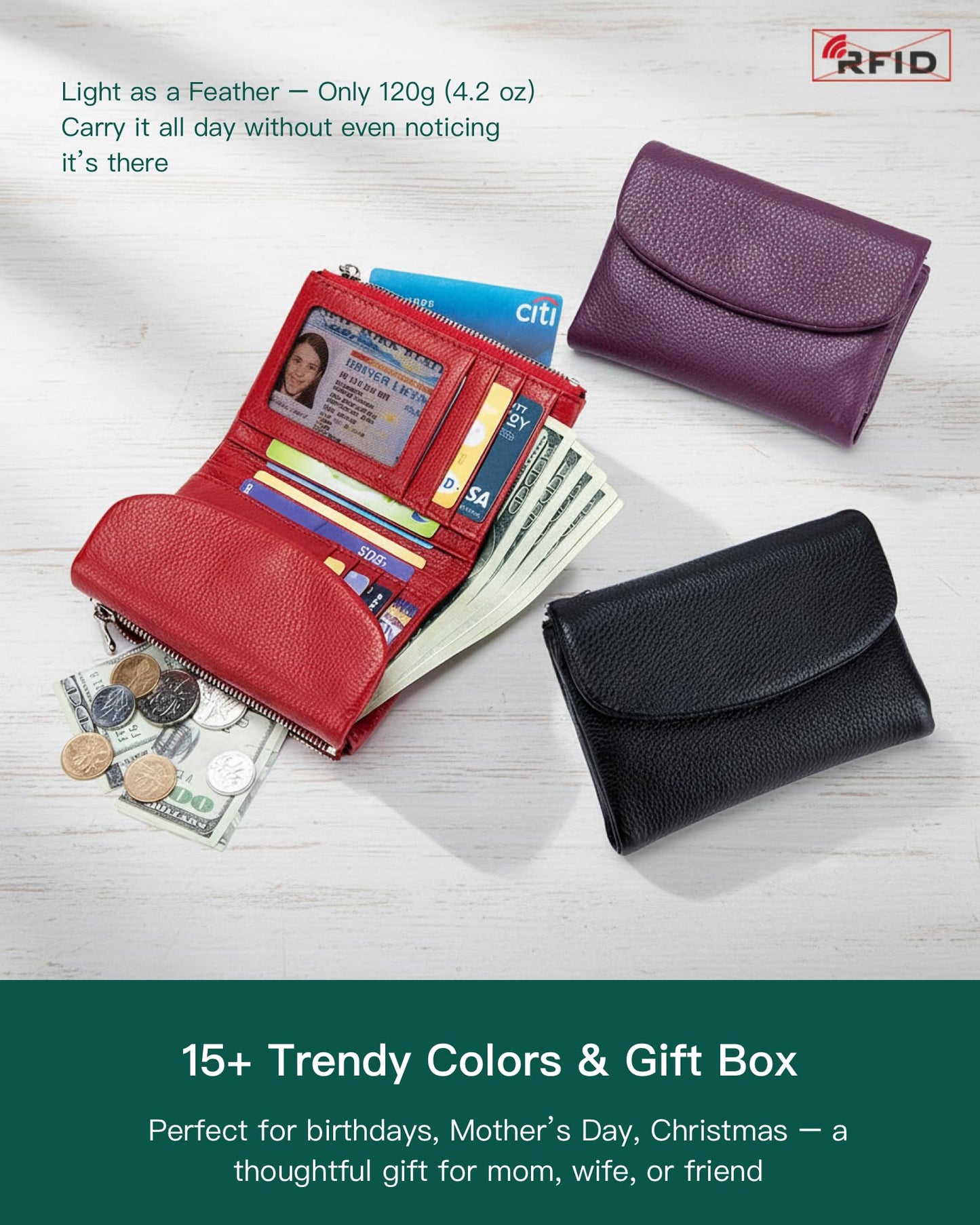 Nsciyise Premium Leather Wallet for Women, Multi-Slot Card Holder with RFID Blocking Protection, ID Window, Zipper Coin Purse, Trifold Genuine Cowhide, Red