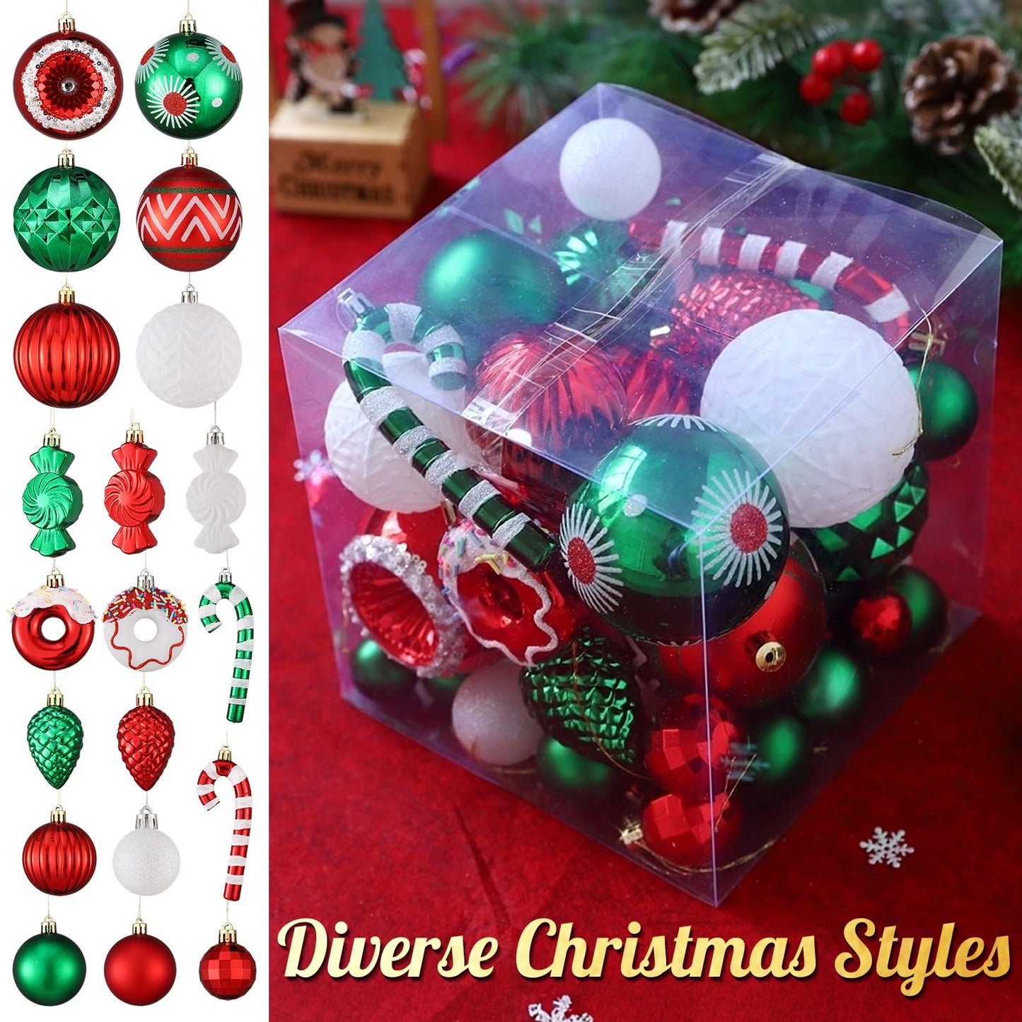 56Pcs 21Styles Christmas Balls Hanging Ornaments Set,Red Green and White Assorted Shatterproof Plastic Christmas Balls Baubles with Candy Canes,Donuts for Xmas Tree Holiday Home Party Decorations
