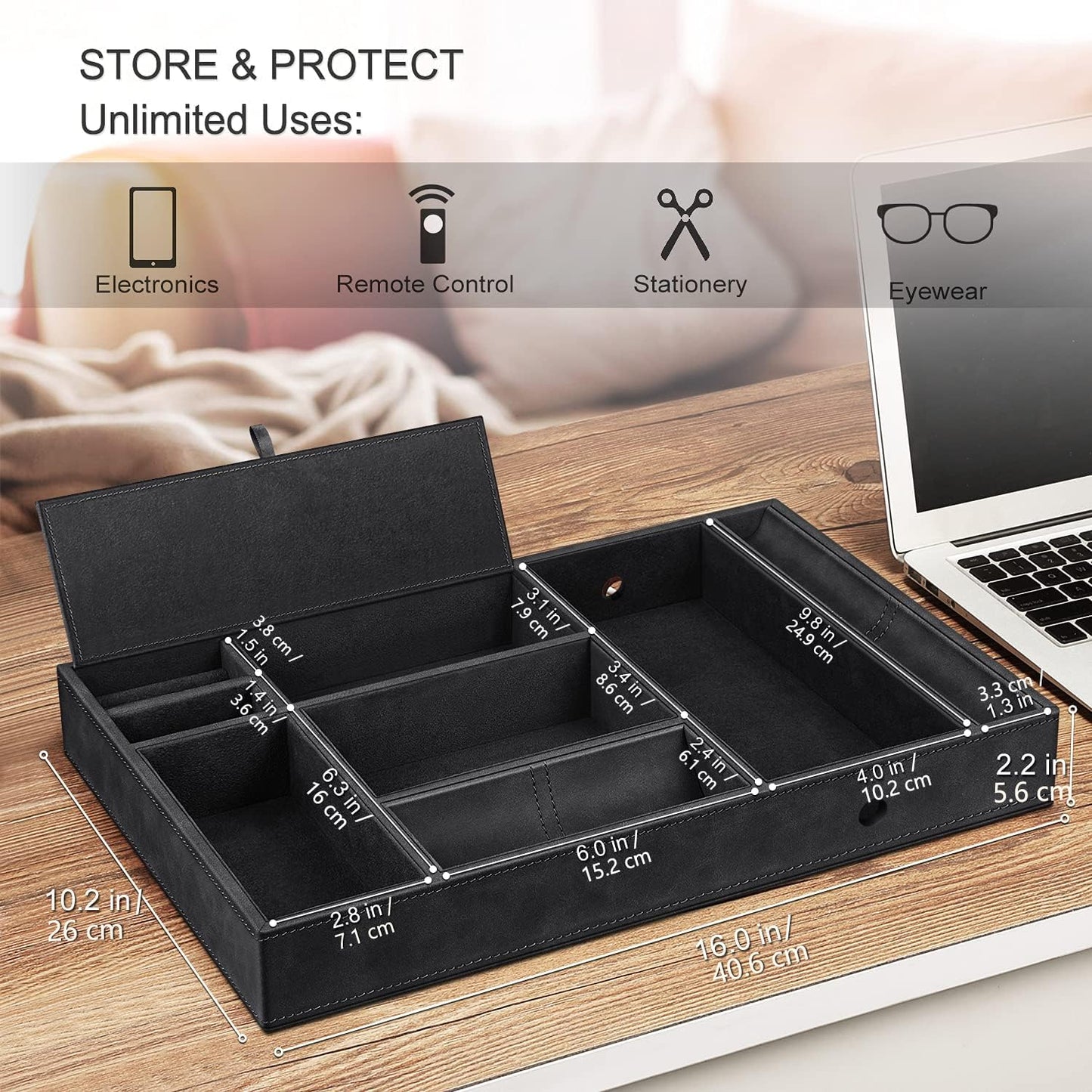 SITHON Valet Tray Desktop Organizer - 8 Compartments Catchall EDC Tray PU Leather Bedside Vanity Nightstand Caddy Coin Box Key Jewelry Storage Organizer, Black