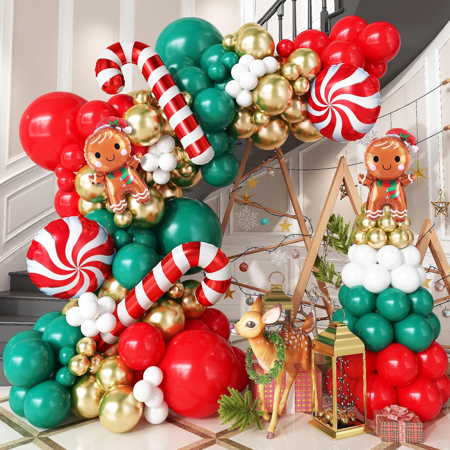 Christmas Balloon Garland kit with Gingerbread Man Foil Balloons, 111 Pieces Red Dark Green Metallic Gold Xmas Balloon Arch with Red White Candy Cane Balloons for Indoor Christmas Party Decorations
