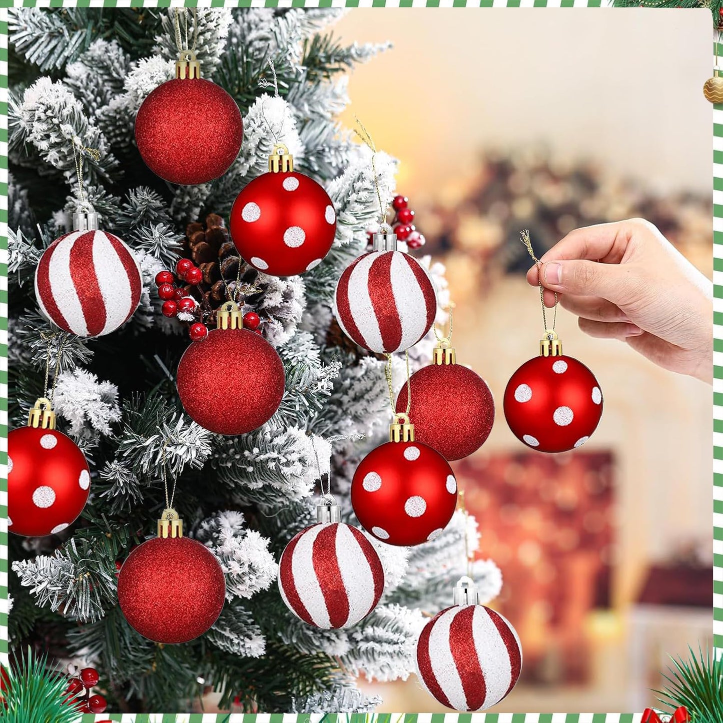 24Pcs Christmas Balls Ornaments Red White Polka Dots Stripes Decor 2.36Inch