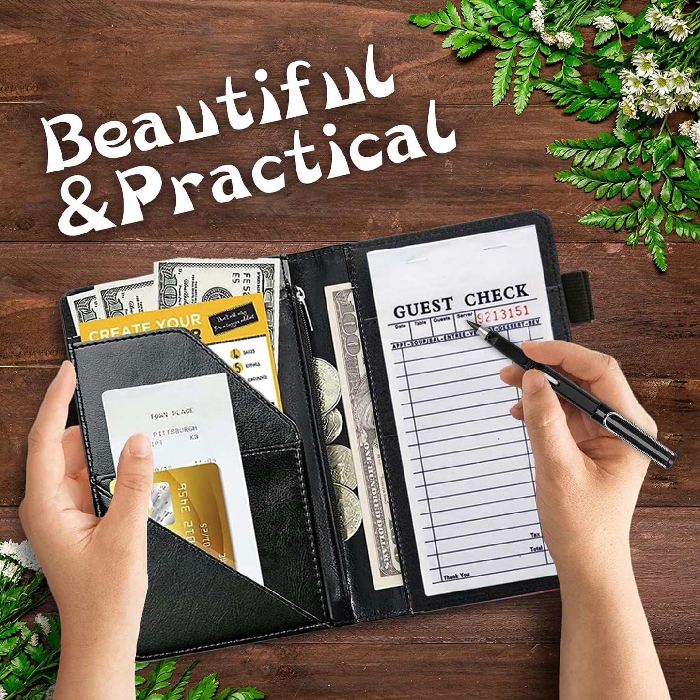 RAUEDWDJS Server Book for Waitress with Everlasting Pencil, Money Pocket Leather Wallet Booklet, Guest Check Receipt Holder Presenters, Waiter Accessories Fit Server Apron-Lovely Little Loves