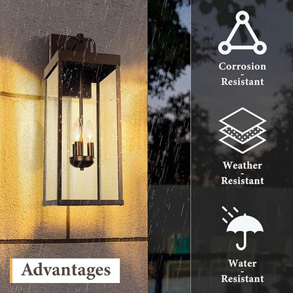 Outdoor Wall Sconce Light, 24 Inch Tall Transitional Exterior Wall Bracket Lighting with Clear Glass, Anti-Rust Powder Coat Bronze Modern Outside Carriage Lantern Lamp for Porch Garage Patio