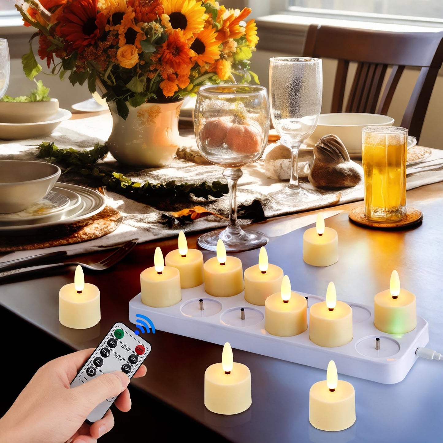 IMAGE 12-Pack Rechargeable Flameless Tea Lights with Charging Base Remote & Timer, Realistic 3D Flickering LED Candles for Home Decor, Weddings, Halloween and Christmas(1.53" x 2.17")