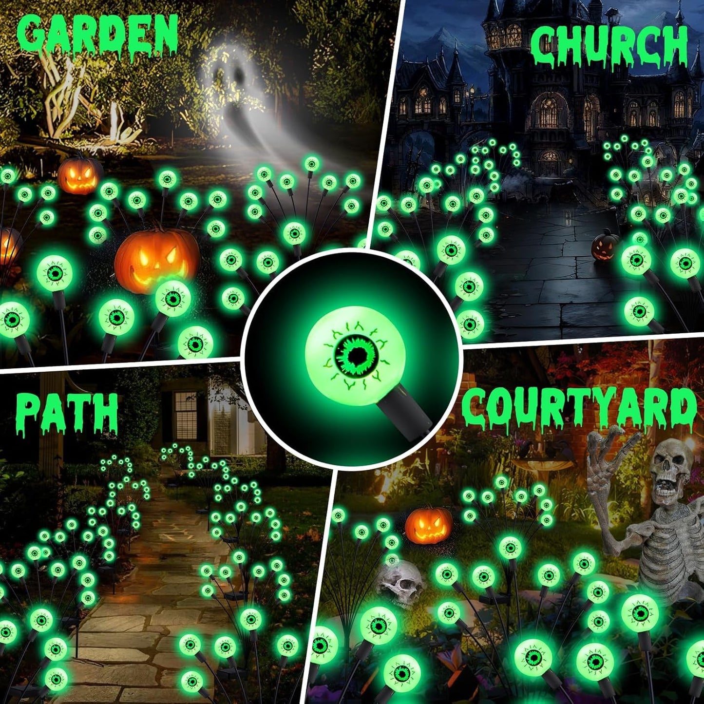 ASMAD Halloween Decorations Outdoor Solar Scary Eyeball Lights, 8Pack 64LEDs Green Eyeball Swaying Firefly Light, Waterproof Halloween Path Lights for Garden/Yard/Patio/Party Decor