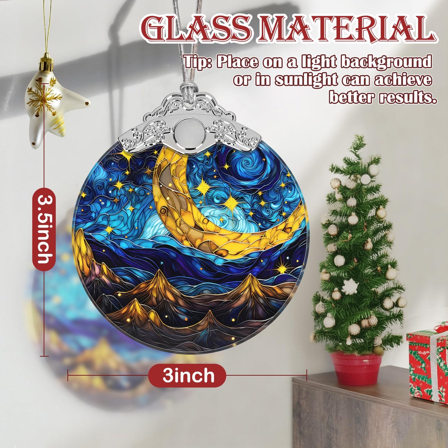 Retro Moon Star Stained Glass Hanging Ornament - Christmas Tree Decoration, Holiday Ornament, Gift Idea