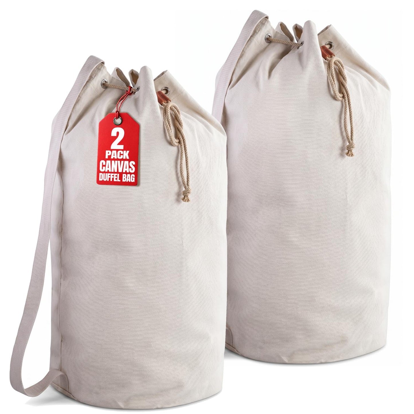 Handy Laundry Canvas Duffel Bag - Drawstring, Leather Closure, Shoulder Strap. (2-PACK)