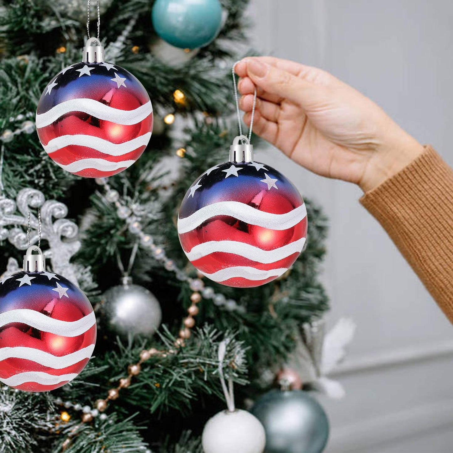 Iceyyyy 16 Pcs Independence Day Ball Ornament - 4th of July Patriotic Hanging Ball Decoration American Flag Ornament for Independence Day, Christmas Tree, USA Themed Party Supplies (16)