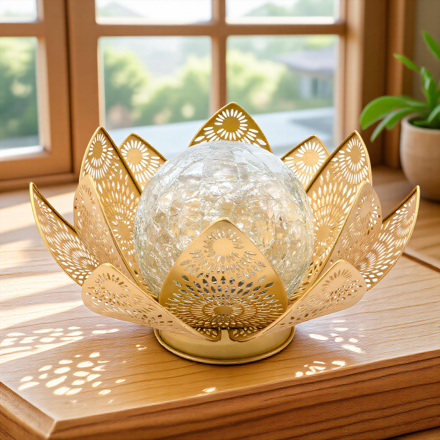 Cubular Solar Lights Outdoor Waterproof IP65 - Lotus Flower Lantern with Crackle Glass & Metal Petals, Garden Decor for Patio, Pathway, Lawn - Auto On/Off Gift for Women, Mom, Housewarming