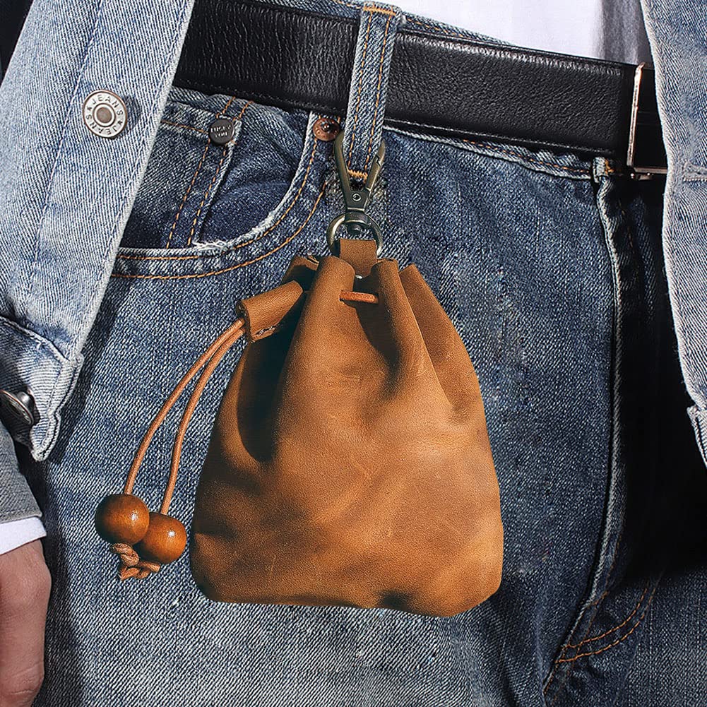 Wugebud 1 Pcs Leather Mini Medieval Pouch Keychain, Coin Organizer, Change Holder, Leather Drawstring Pouch for Men & Women