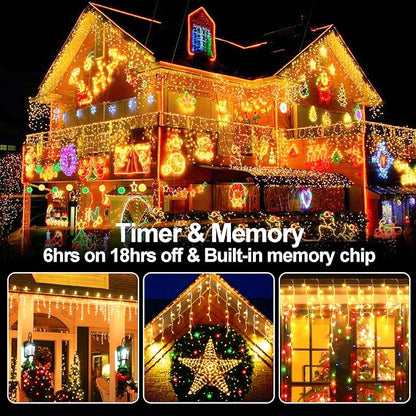 131 FT 1280 LED Christmas Lights Outdoor Decorations Super Long Clear Wire String Lights Plug in 240 Drops 8 Modes Memory Timer Curtain Fairy Lights Waterproof for Holiday Wedding Party-Warm White