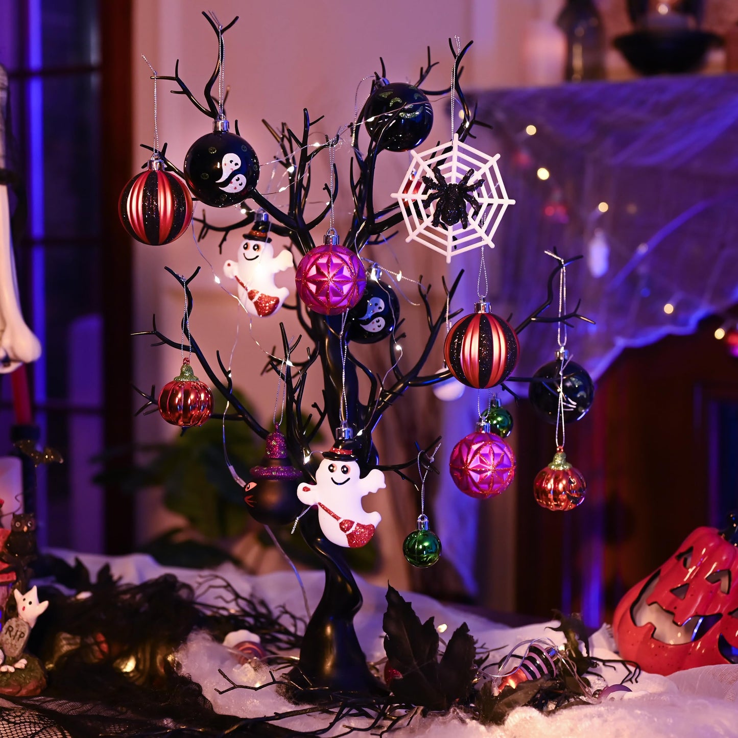 Valery Madelyn Halloween Ornaments Tree Decorations, 40ct Medium Shatterproof Ghost Cat Jack-o'-Lantern Pumpkin Hanging Ball Ornaments Set for Small Tree, Cute Holiday Party Indoor Home Decor