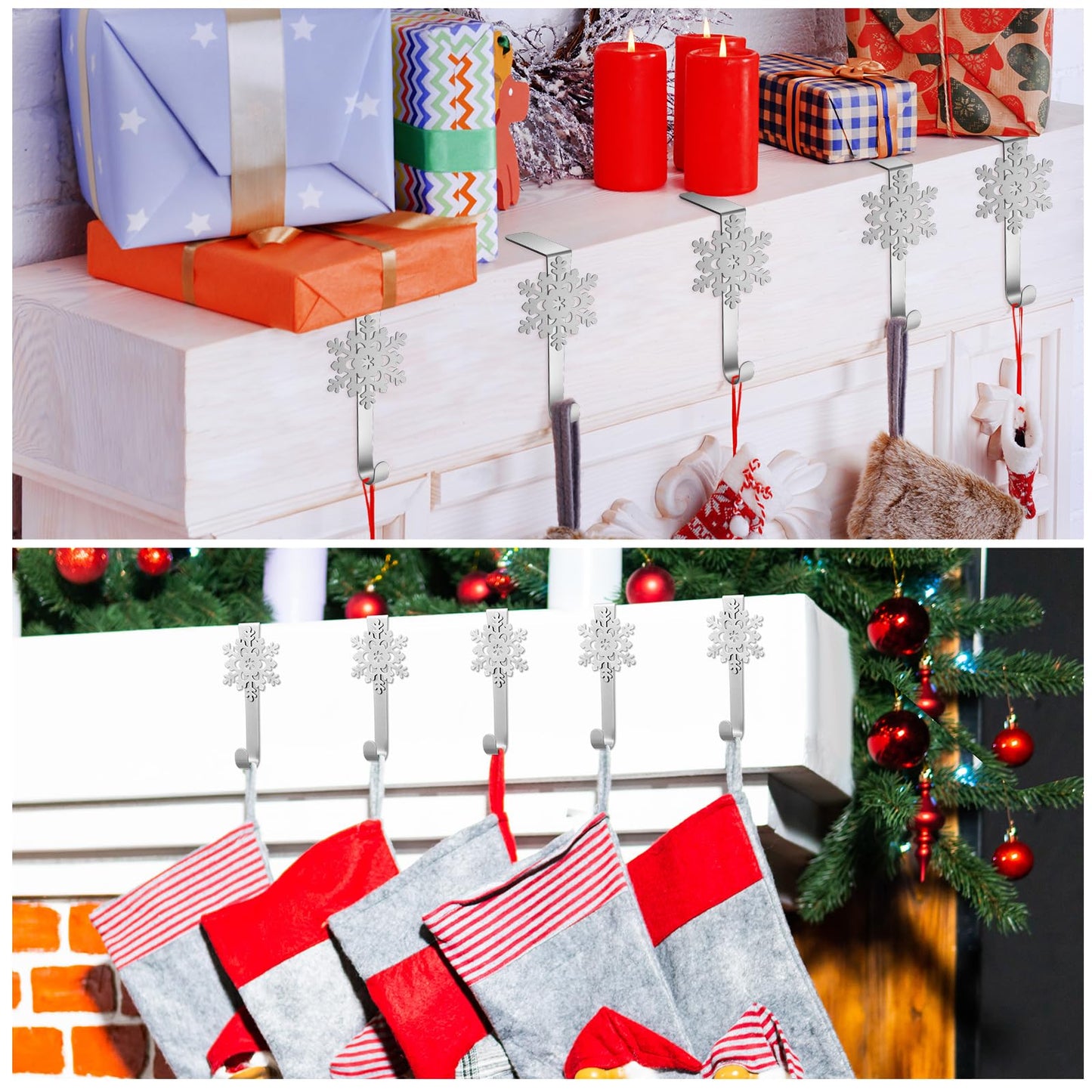 Lounsweer 12 Pieces Snowflake Christmas Stocking Holders Silver Metal Mantel Stockings Hangers Stand Christmas Ornament Hooks Metal Fireplace Clips for Xmas