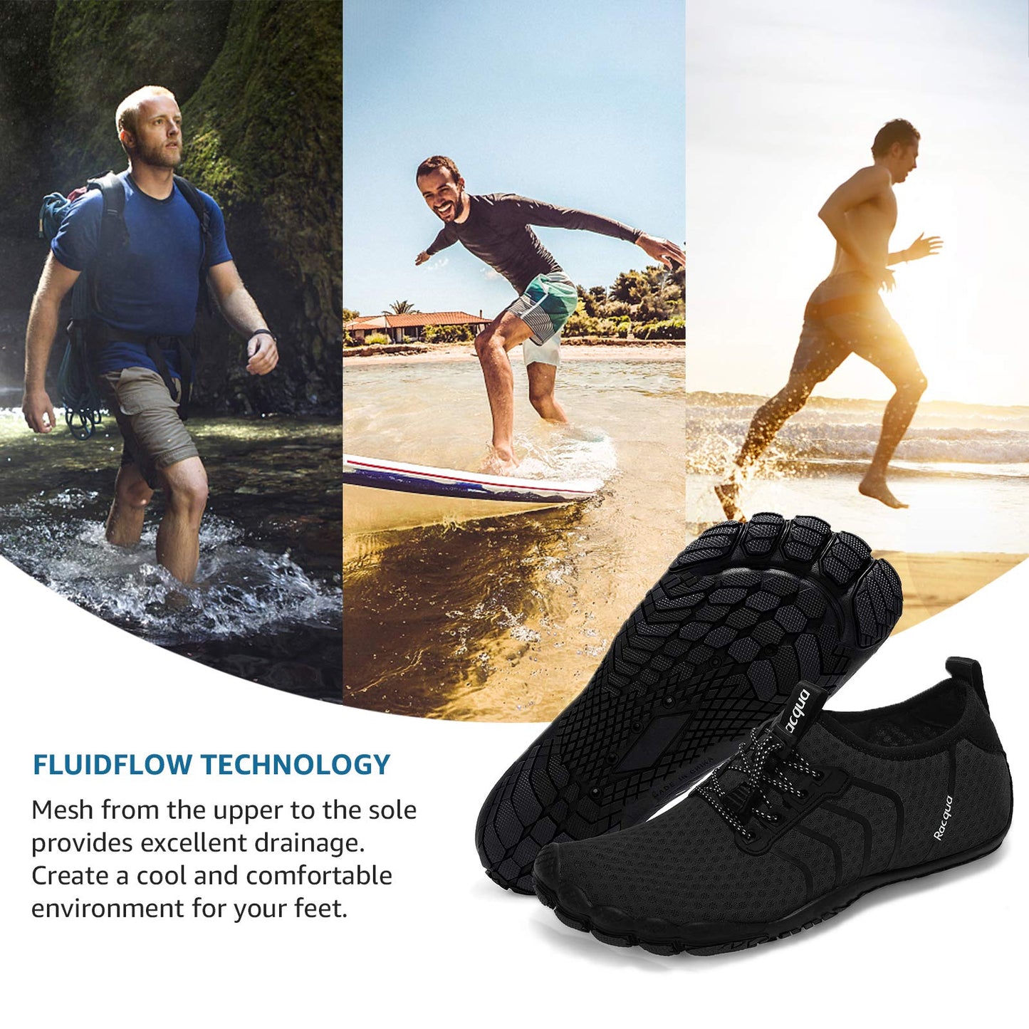 Racqua Water Shoes Quick Dry Barefoot Beach Aqua Sport Swim Surf Pool Hiking Diving Walking for Men Women Black 11 W/10 M