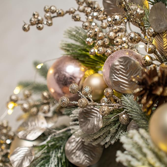YULETIME 24" Christmas Wreath, Artificial Holiday Wreath with Baubles, Berries, Leaves, Spruce Branches, Snowy Pine Needles (Pink Bauble)