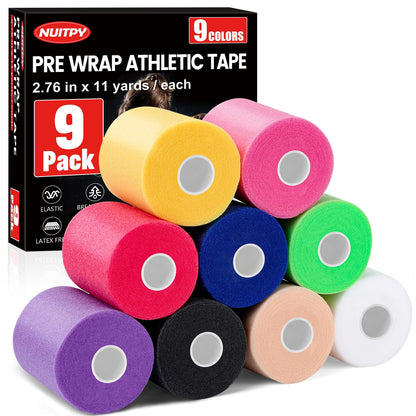 9 Pack Pre Wrap Tape, 9 Colors 2.76 Inch x 11 Yards Prewrap Athletic Tape for Hair Soccer, Pre Wrap Foam Tape, Soccer Pre Wrap Tape, Prewrap Headbands for Hair