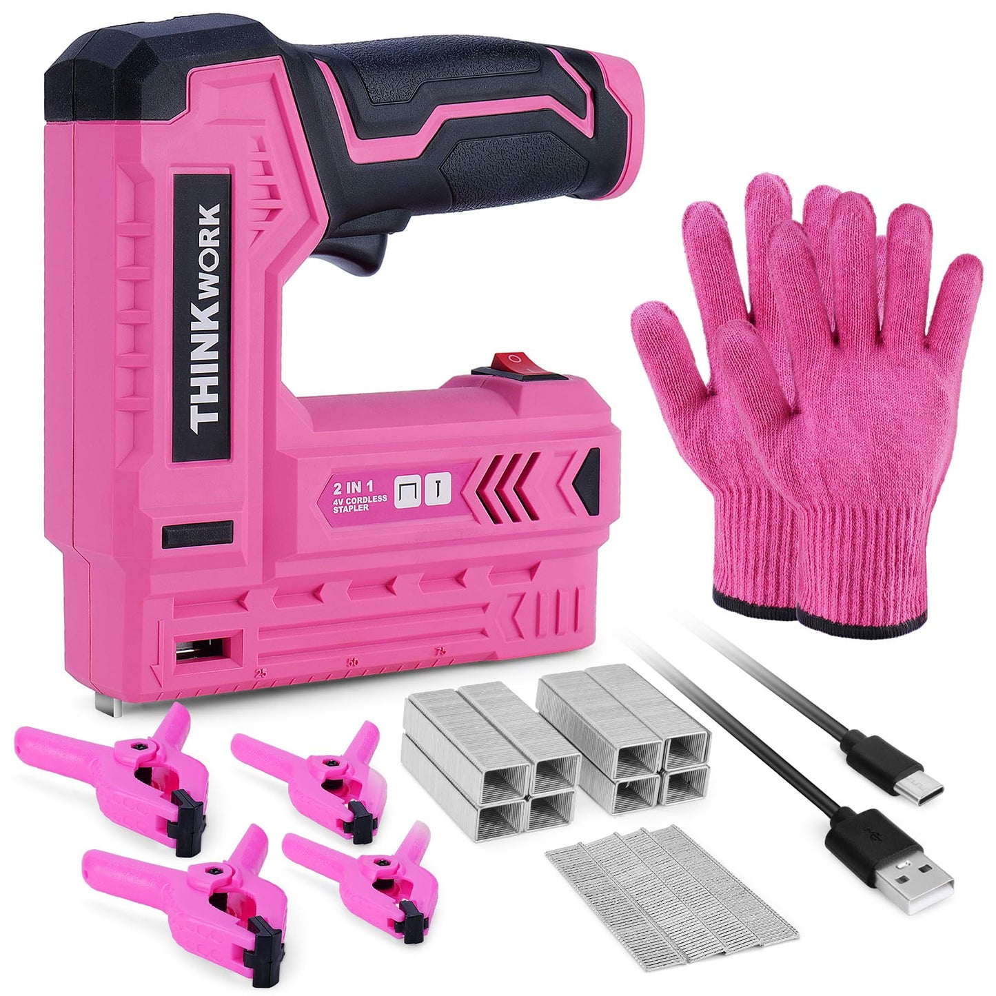 THINKWORK Pink Electric Staple Gun - 2 in 1 Nail Gun Battery Powered with 1000Pcs Staples and Nails, 4V Cordless Upholstery Staple Gun for Wood, Brad Nailer with USB Charger for Carpentry, Crafts, DIY