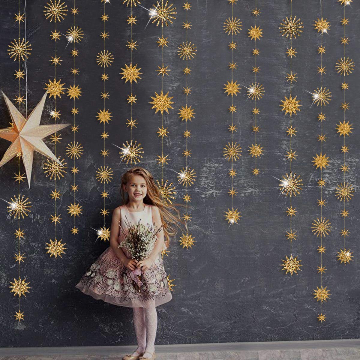 pinkblume Gold Star Party Decorations Kit Sparking Twinkle Star Garland Glitter Paper Streamer Banner for Birthday Wedding Bridal Baby Shower Nursery Kids Room Holiday Showcase Decorations Supplies