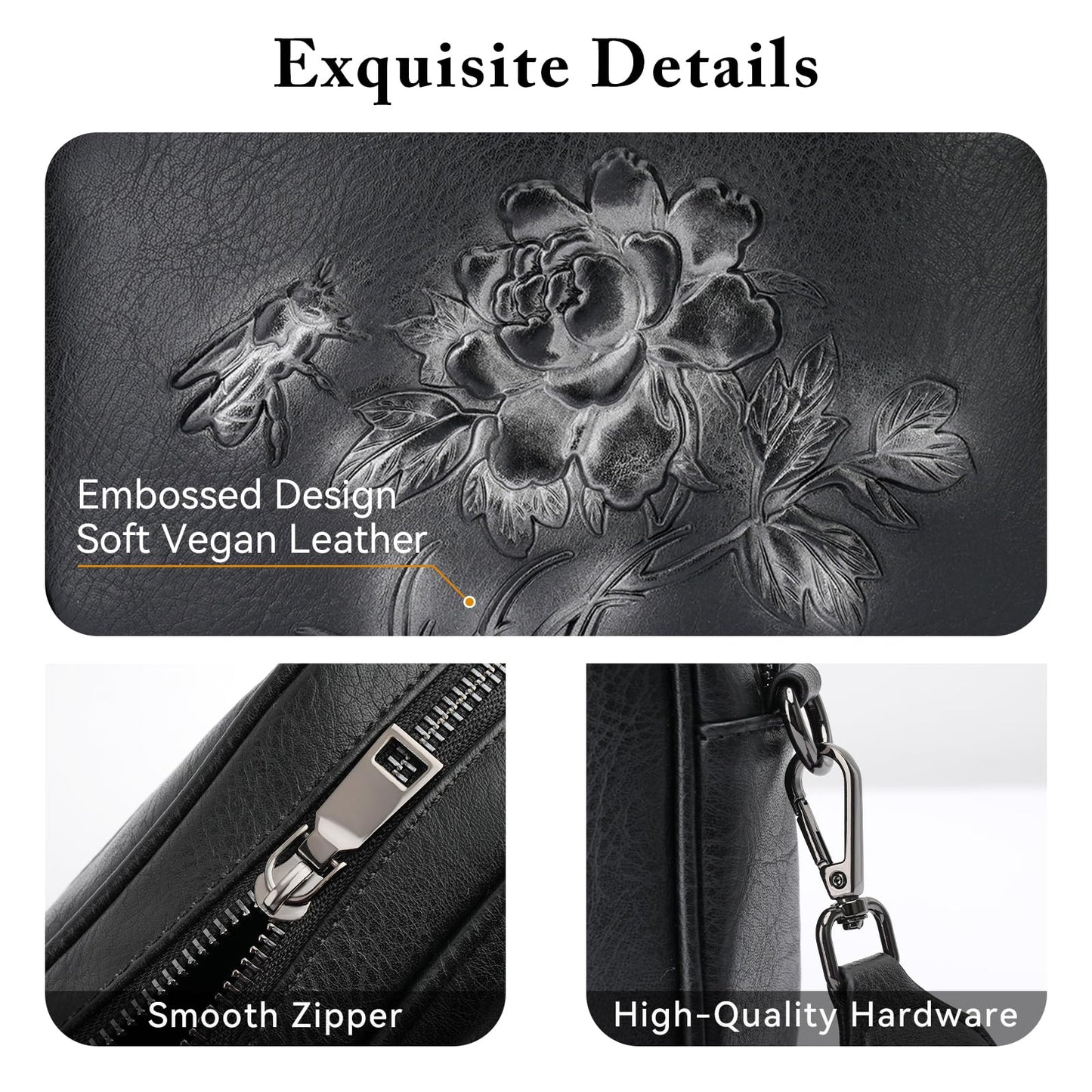 VIMUTI Small Crossbody Purses for Women, Trendy Vegan Leather Crossbody Bag Embossed Travel Shoulder Handbags with Wide Strap (Black)