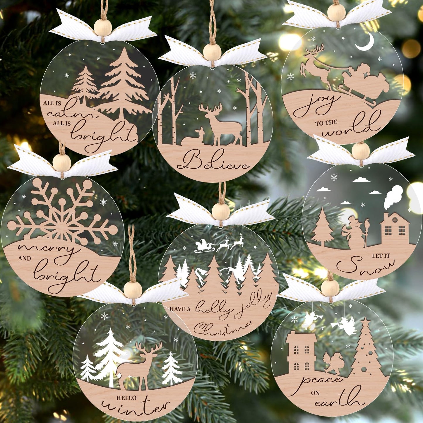 GuassLee 28pcs Winter Christmas Hanging Ornaments for Tree - 3D Wooden Acrylic Christmas Cutouts Reindeer Snowman Snowflake Ornaments for Xmas Tree Gifts Winter Party Supplies