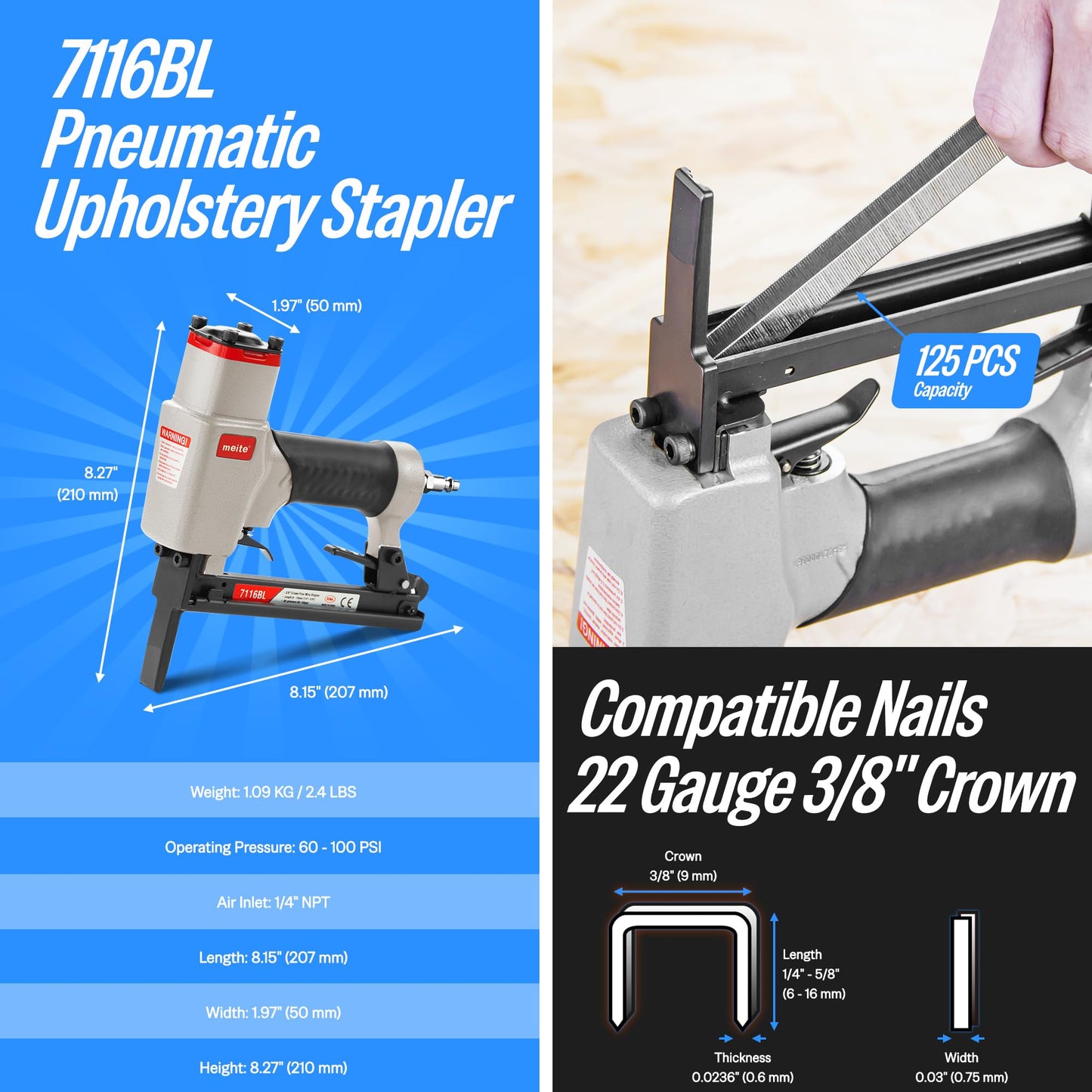 meite 7116BL Pneumatic Upholstery Stapler with Long Nose-1/4-Inch to 5/8-Inch 22 Gauge 3/8'' Crown Fine Wire Stapler