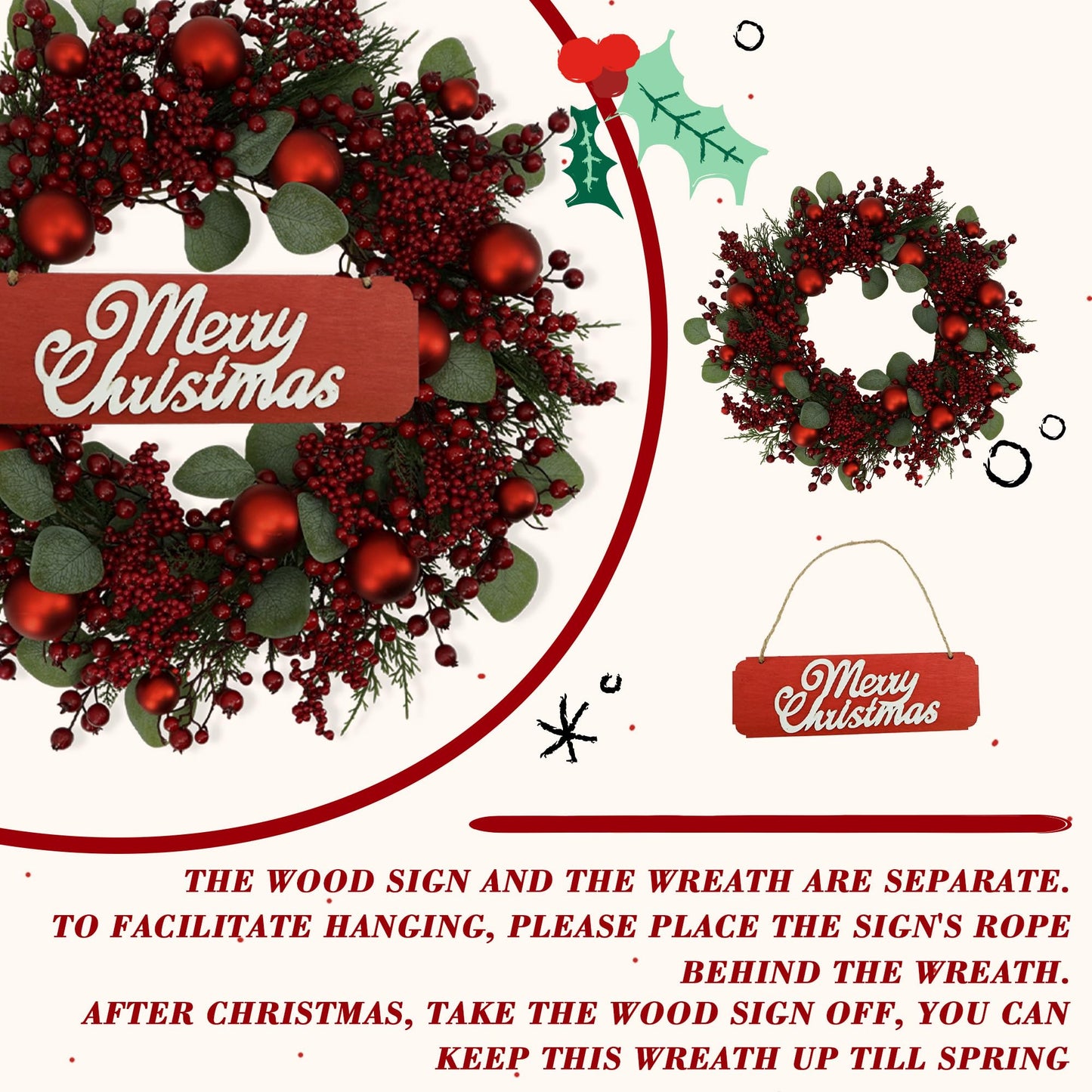 YNYLCHMX 20 Inch Christmas Wreath for Front Door, Winter Wreath with Welcome Sign Pine Needle Red Berry Ornaments, Artificial Door Xmas Wreaths for Window Fireplace Farmhouse Holiday Party Decoration