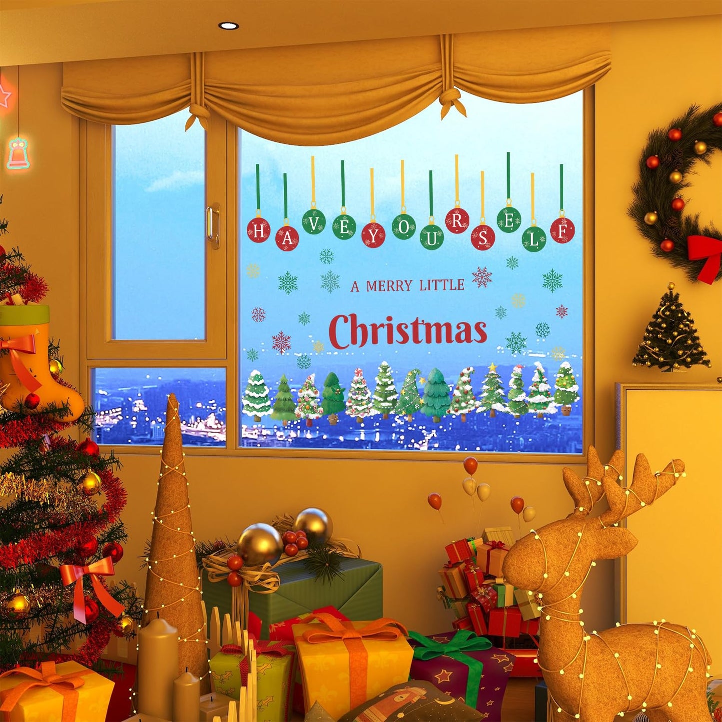 TOARTi Have Yourself A Merry Little Christmas Window Decal Double-Sided Xmas Small Pine Tree Window Cling Merry Christmas Pine Trees Wall Sticker Xmas Tree Ball Sticker Winter Holiday Party Supplies