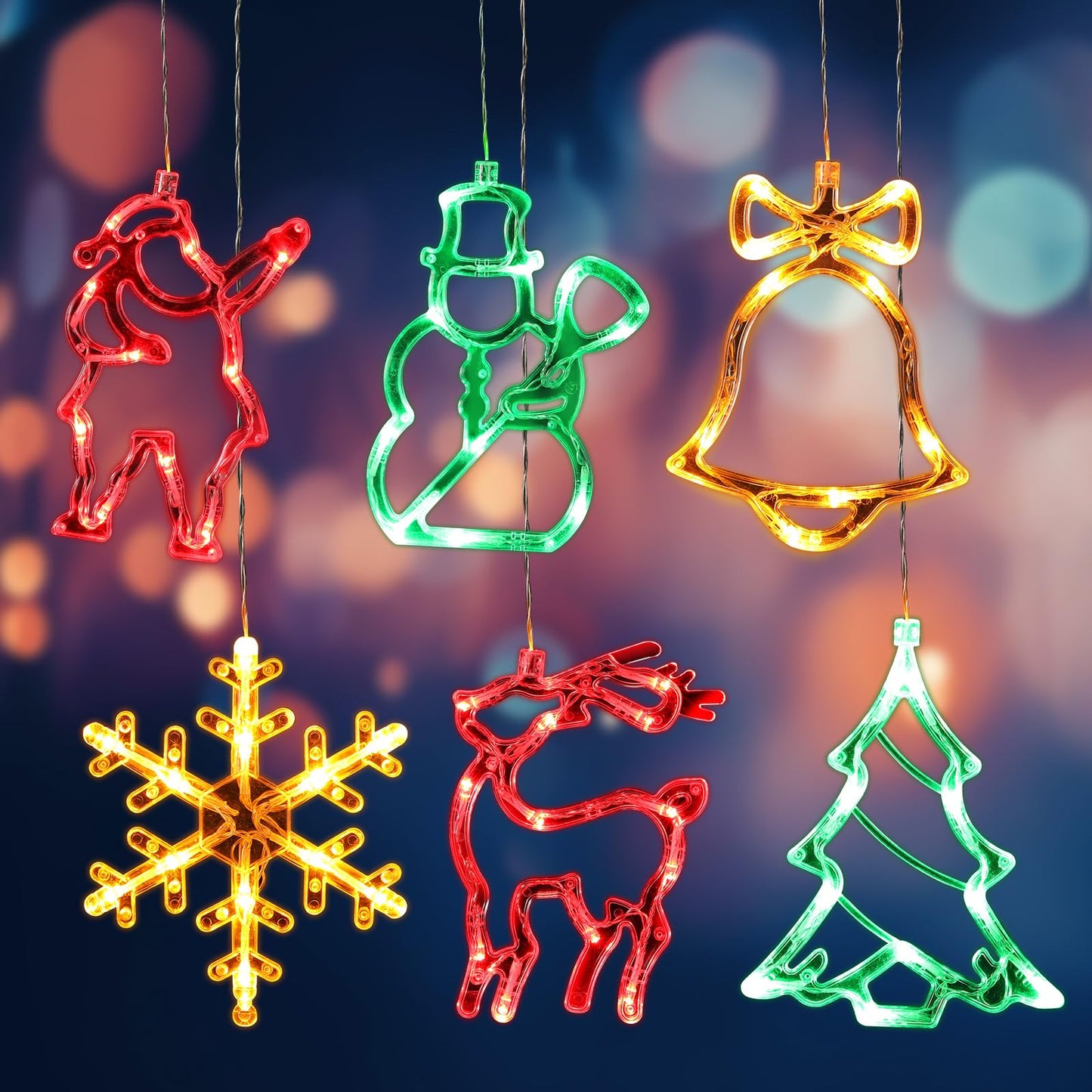 Baquler 6 Pcs Christmas Window Lights Decorations with Suction Cup Battery Operated Christmas Window Hanging Lights Santa Reindeer Snowman Xmas Tree Snowflake Bell for Xmas Tree Fireplace Indoor Decor
