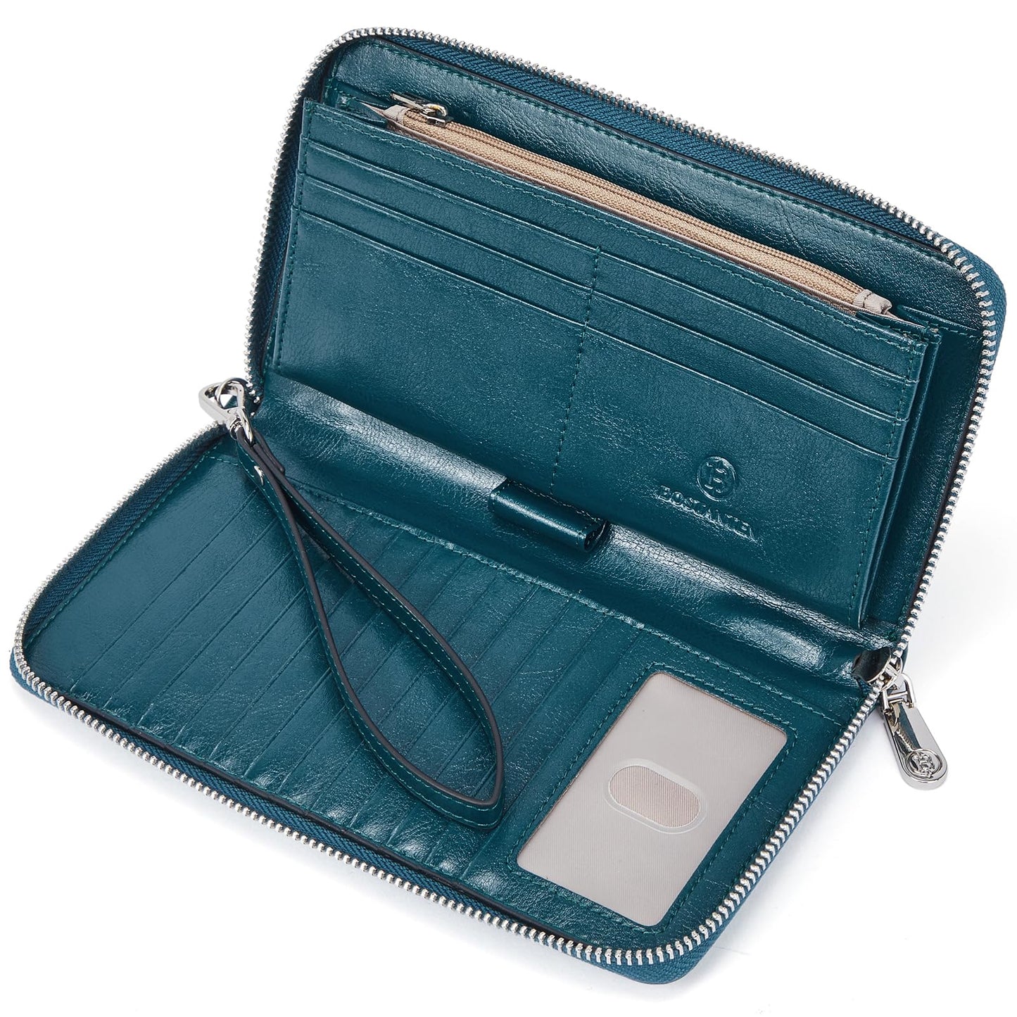 BOSTANTEN Leather Wallet for Women RFID Blocking Zip Around Credit Cards Holder Phone Clutch Peacock Blue