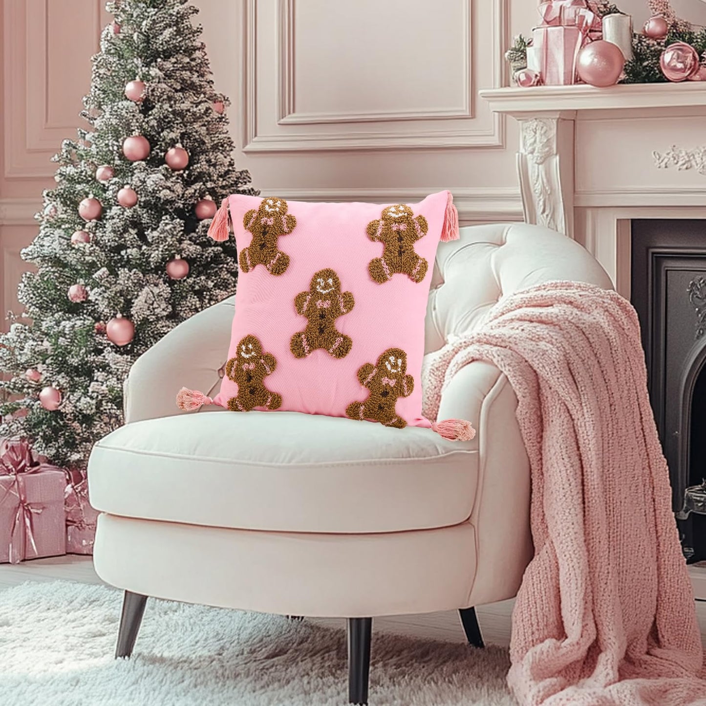 JarThenaAMCS 2Pcs 3D Pink Christmas Pillow Covers Gingerbread Man Throw Pillow Case 18 x 18 Inch Plush Faux Fur Soft Holiday Cushion Cover for Home Office Couch Sofa