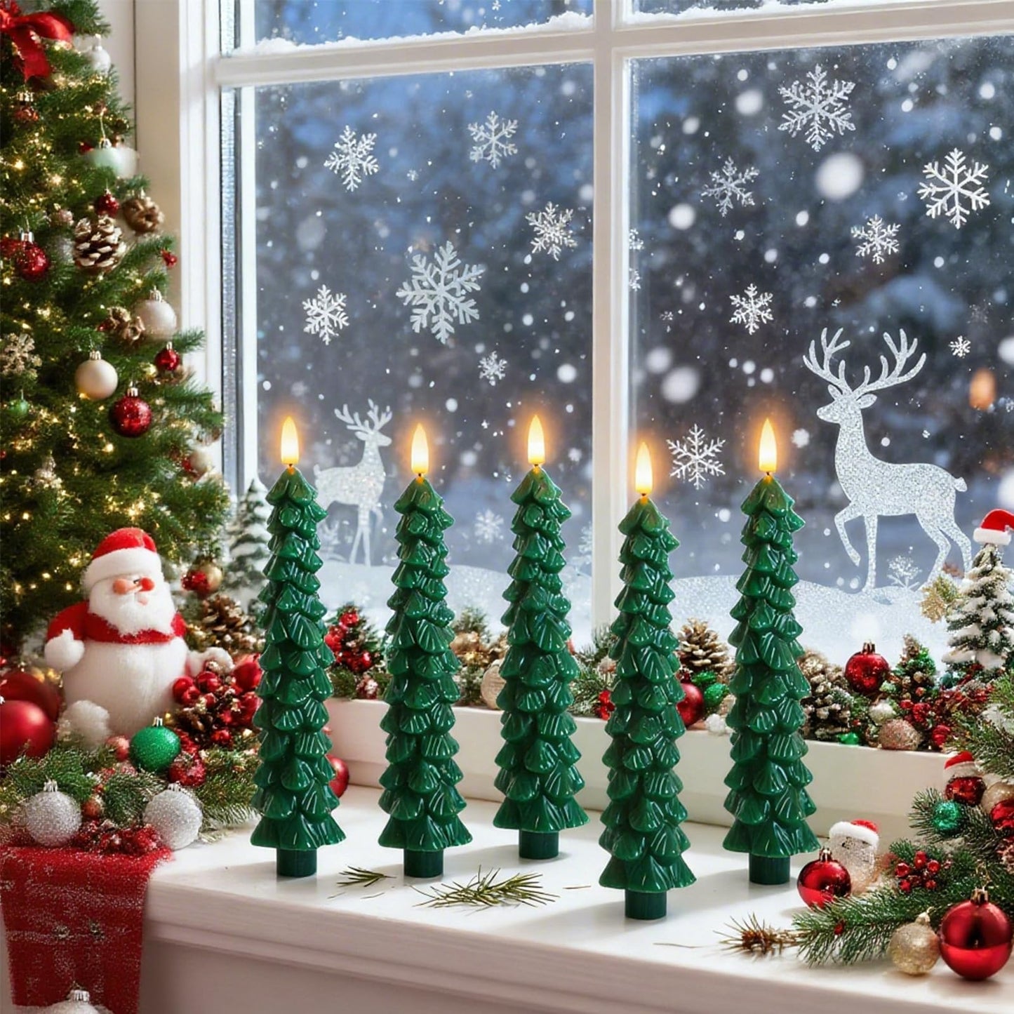 Lezonic 6Pcs Flameless Christmas Tree Candles with Remote Timer, LED Taper Candles Battery Operated Flickering Flame, 10 Inches Green Real Wax Window Candlesticks for New Year Xmas Decorations