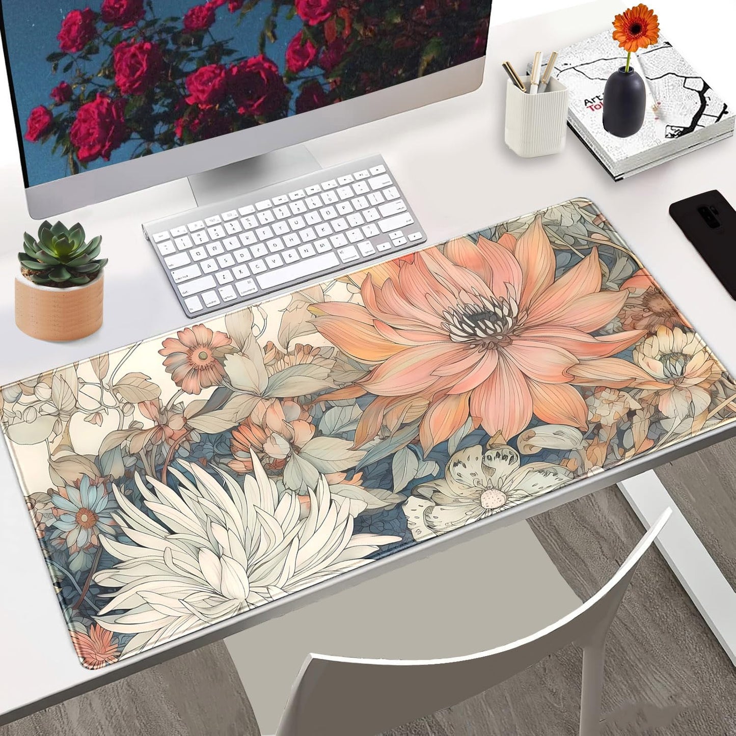Nasdalgias Japanese Floral Desk Mat Boho Aesthetic Flower Desk Matt for Desktop Large XXL Gaming Mouse Pad Extended Deskpad Laptop Keyboard Computer Mat Office Decor for Women 31.5 X 15.7