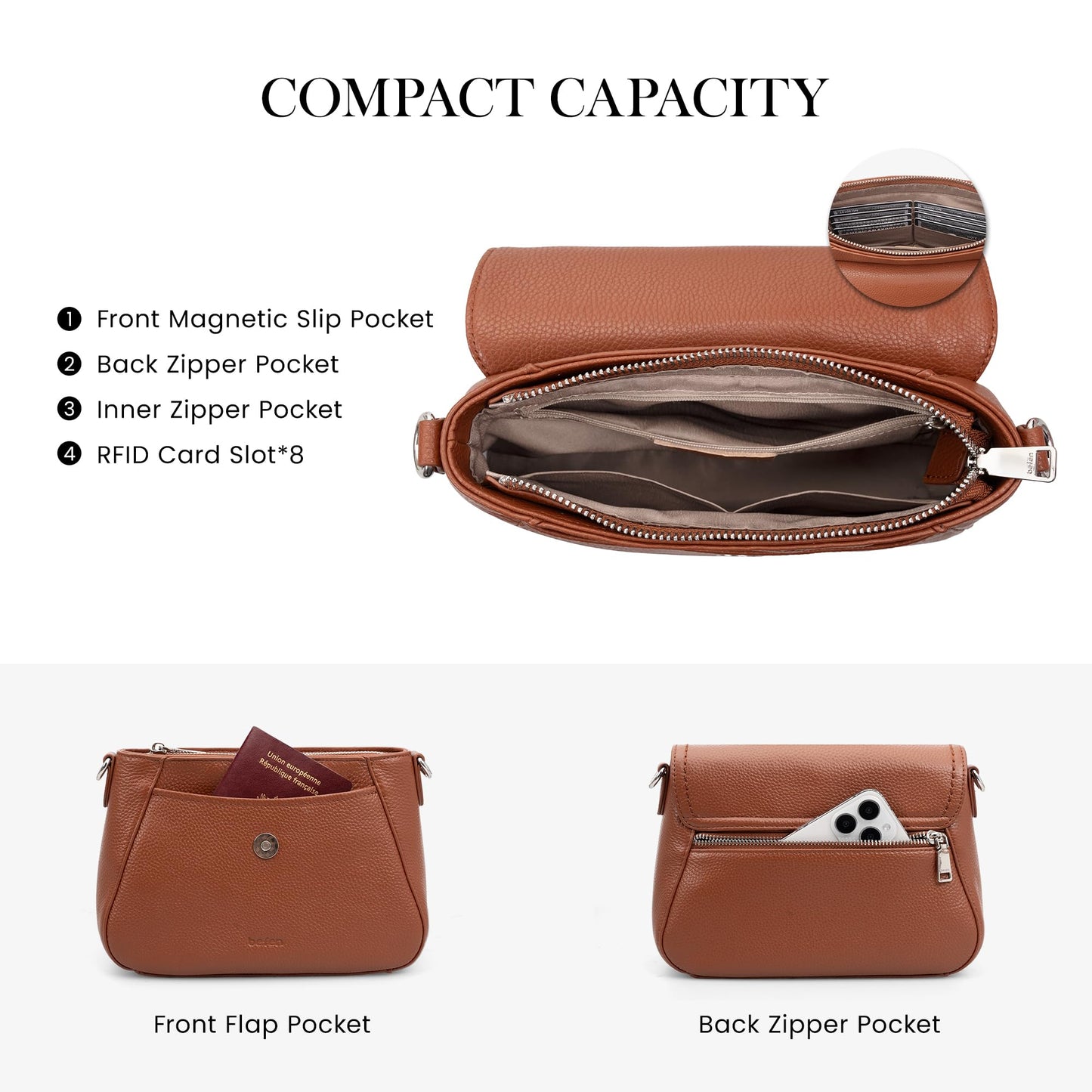 befen Genuine Leather Purses for Women Trendy, Women's Small Cross Body Saddle Bag Purse with RFID Card Slots - Cognac Brown Crossbody Bags 2026 Summer