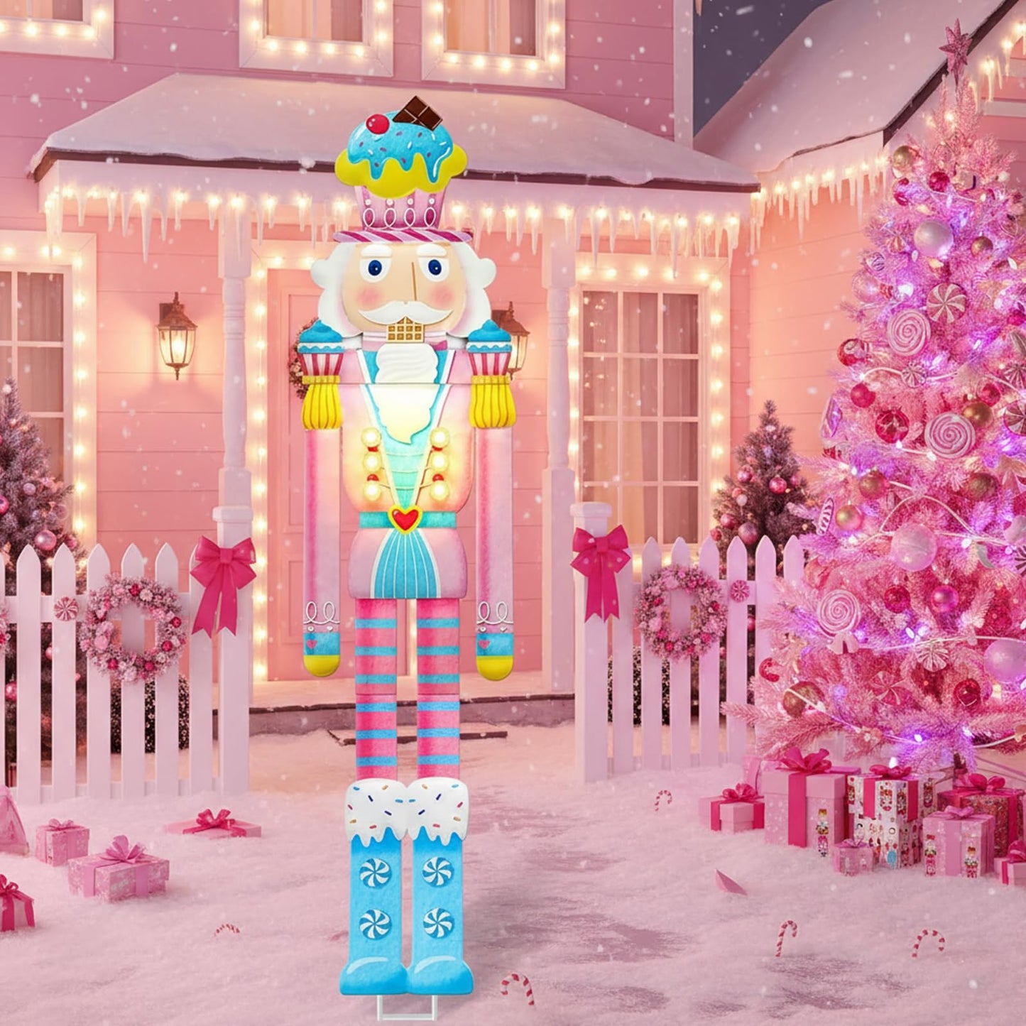 GlikCeil 39'' Outdoor Pre-lit Christmas Pink Nutcracker Yard Sign Candy Cane Theme Yard Nutcracker Large Metal Windproof Rainproof Solar Garden Stake for Xmas Outside Party Patio Home Pathway