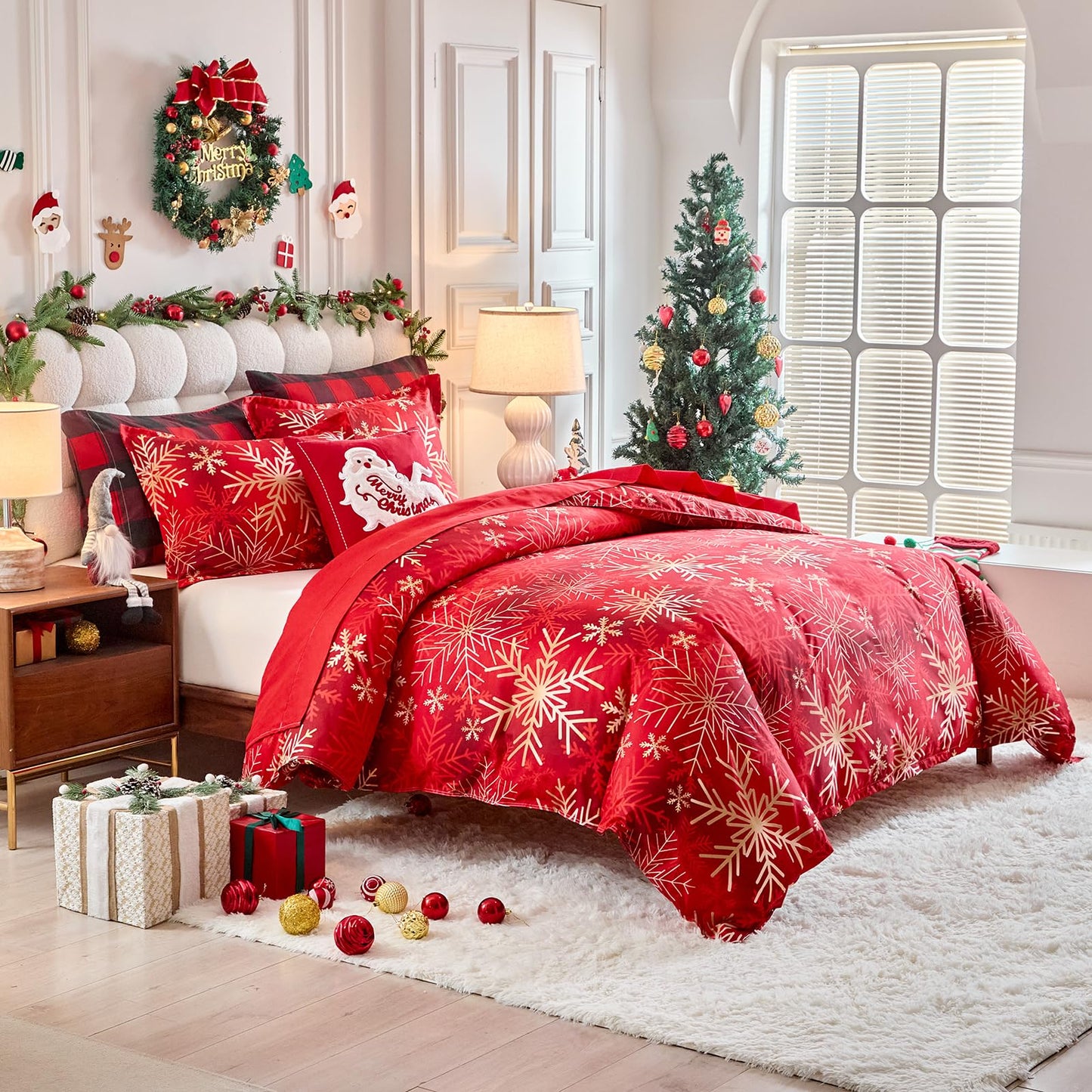 Joyreap 3pcs Christmas Duvet Cover Set King, Xmas Golden Snowflakes Black and Red Tie-dye Design Bedding Set, Includes 1 Duvet Cover and 2 Pillow Shams