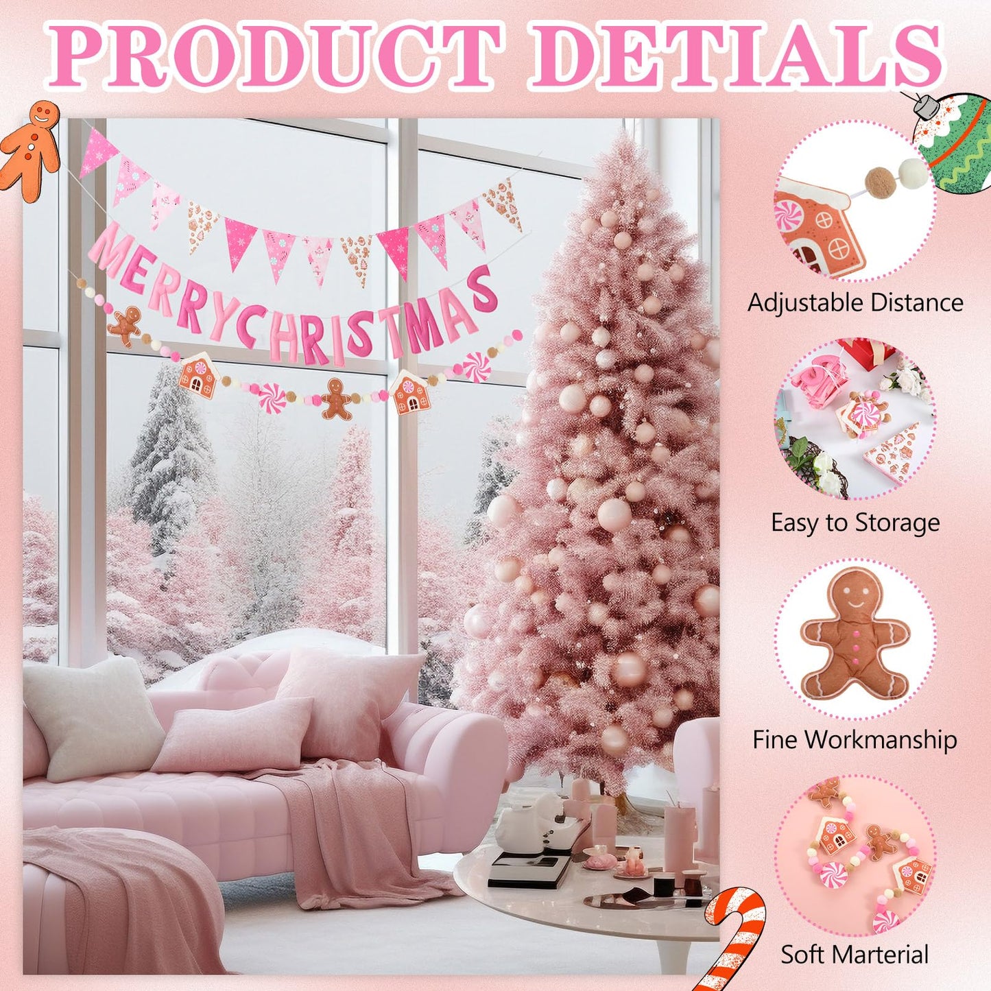 VitalCozy 3 Pcs Pre Strung Merry Christmas Banner Felt Merry Christmas Garland Felt Pennant Flag Xmas Sign Outdoor Indoor Decoration for Holiday Party Supplies Home Porch (Pink, White, Gingerbread)