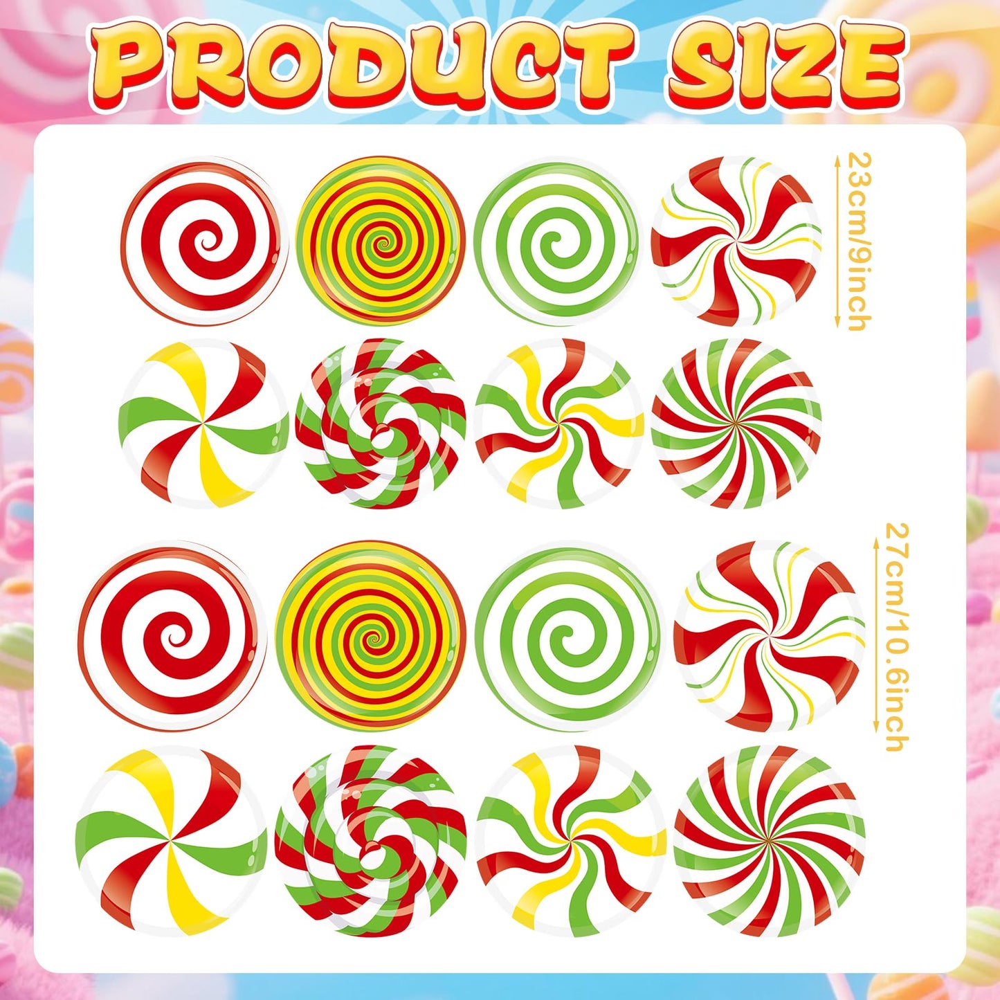 YooNotee 16 Pcs Large Peppermint Christmas Floor Decals Removable Pastel Candy Christmas Floor Stickers Xmas Wall Decals for Home Counters Party Decorations(Red, Green, Yellow,Classic)